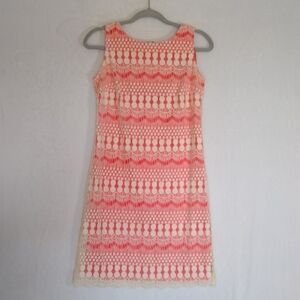 Coral & Cream Lace Sheath Mini Dress with Bateau Neckline Sz 2